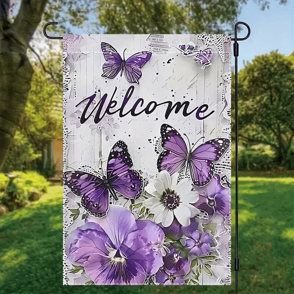 Vibrant Purple Iris & Butterfly Welcome Garden Flag Double-Sided 12" x 18" NEW! Home & Garden:Yard, Garden & Outdoor Living:Décor:Flags Style Your Walls